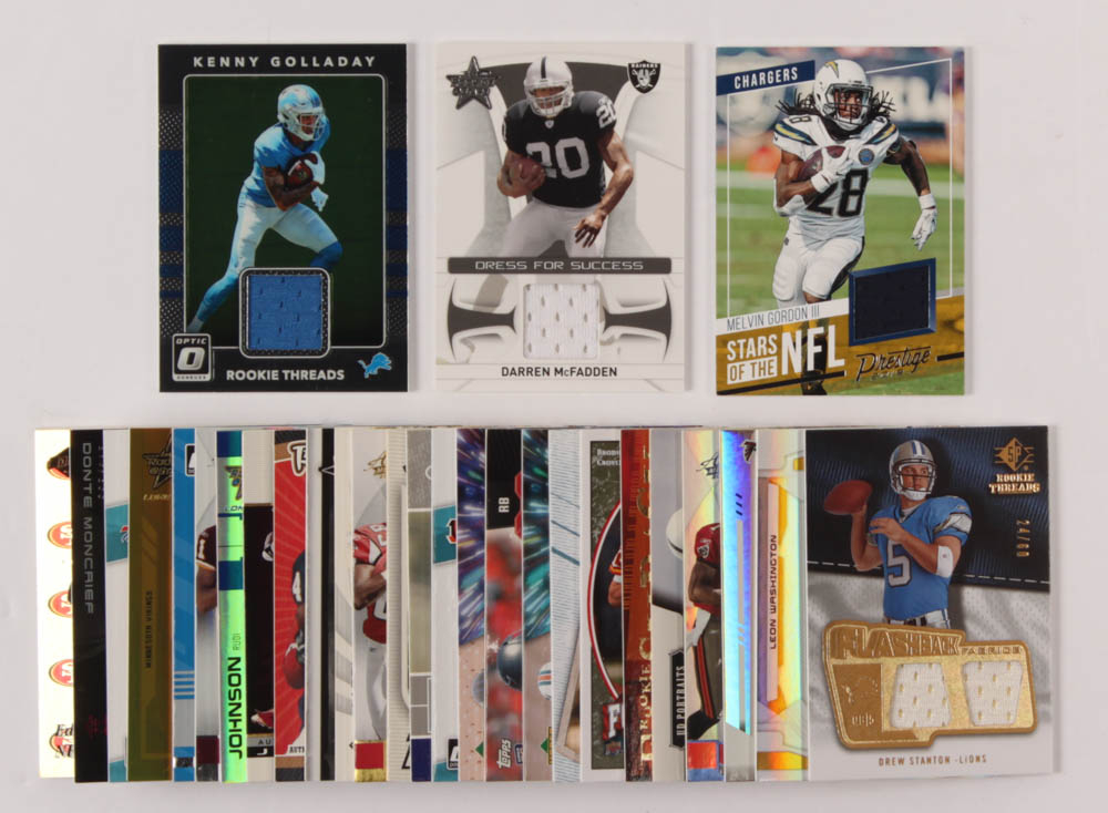 Lot of (29) Football Cards with Kenny Golladay 2017 Donruss Optic Rookie Threads #26, Melvin Gordon III 2019 Prestige Stars of the NFL Jerseys #5, Darren McFadden 2008 Leaf Rookies and Stars Dress for Success Jerseys #23