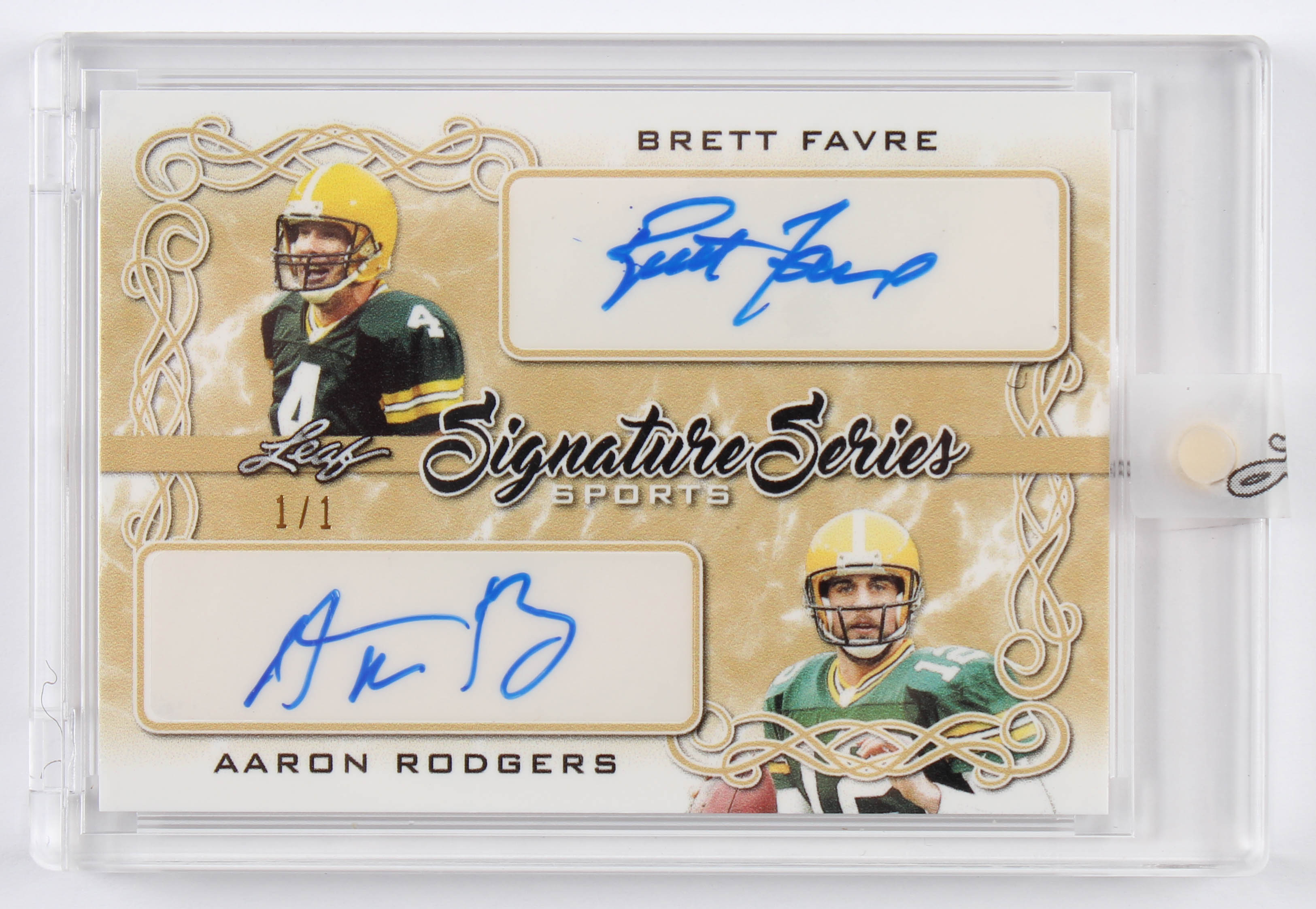 Brett Favre / Aaron Rodgers 2020 Leaf Signature Series Sports Dual Signatures Platinum Blue #SSD28 at PristineAuction.com Brett Favre / Aaron Rodgers 2020 Leaf Signature Series Sports Dual Signatures Platinum Blue #SSD28 at PristineAuction.com