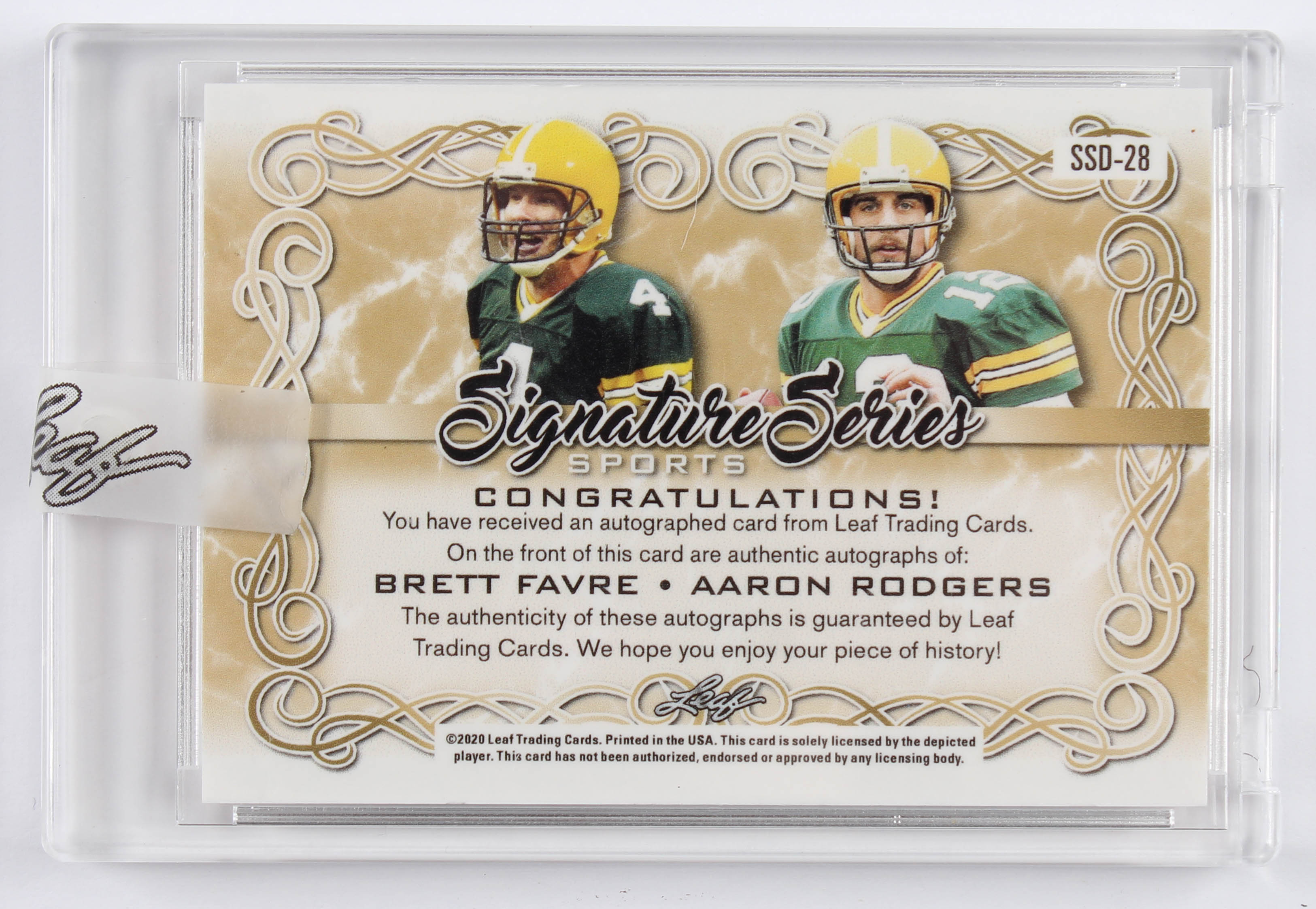 Brett Favre / Aaron Rodgers 2020 Leaf Signature Series Sports Dual Signatures Platinum Blue #SSD28 at PristineAuction.com Brett Favre / Aaron Rodgers 2020 Leaf Signature Series Sports Dual Signatures Platinum Blue #SSD28 at PristineAuction.com
