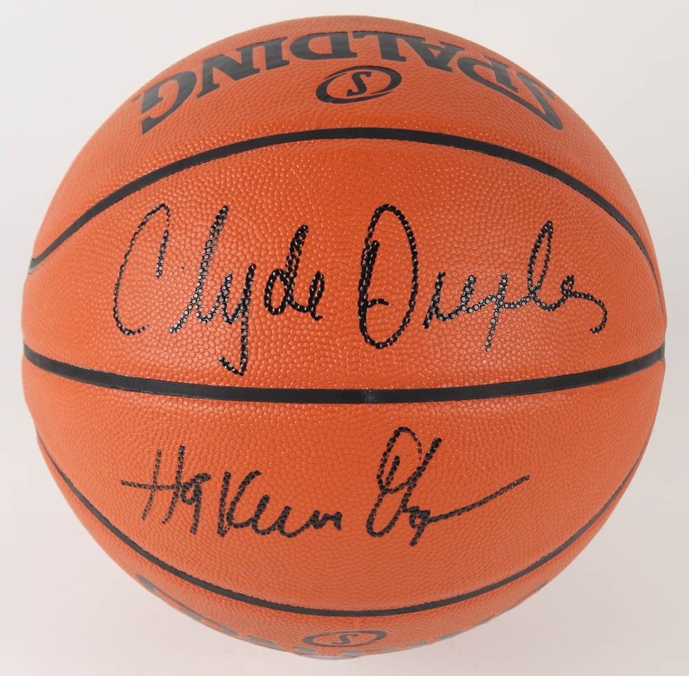 Hakeem Olajuwon & Clyde Drexler Signed NBA Silver Series Basketball (JSA COA) at PristineAuction.com Hakeem Olajuwon & Clyde Drexler Signed NBA Silver Series Basketball (JSA COA) at PristineAuction.com