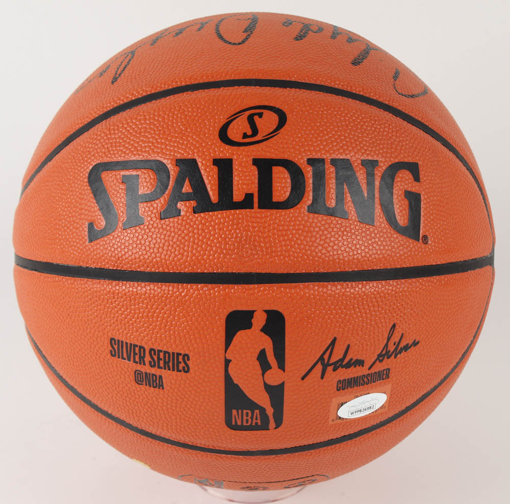 Hakeem Olajuwon & Clyde Drexler Signed NBA Silver Series Basketball (JSA COA) at PristineAuction.com Hakeem Olajuwon & Clyde Drexler Signed NBA Silver Series Basketball (JSA COA) at PristineAuction.com