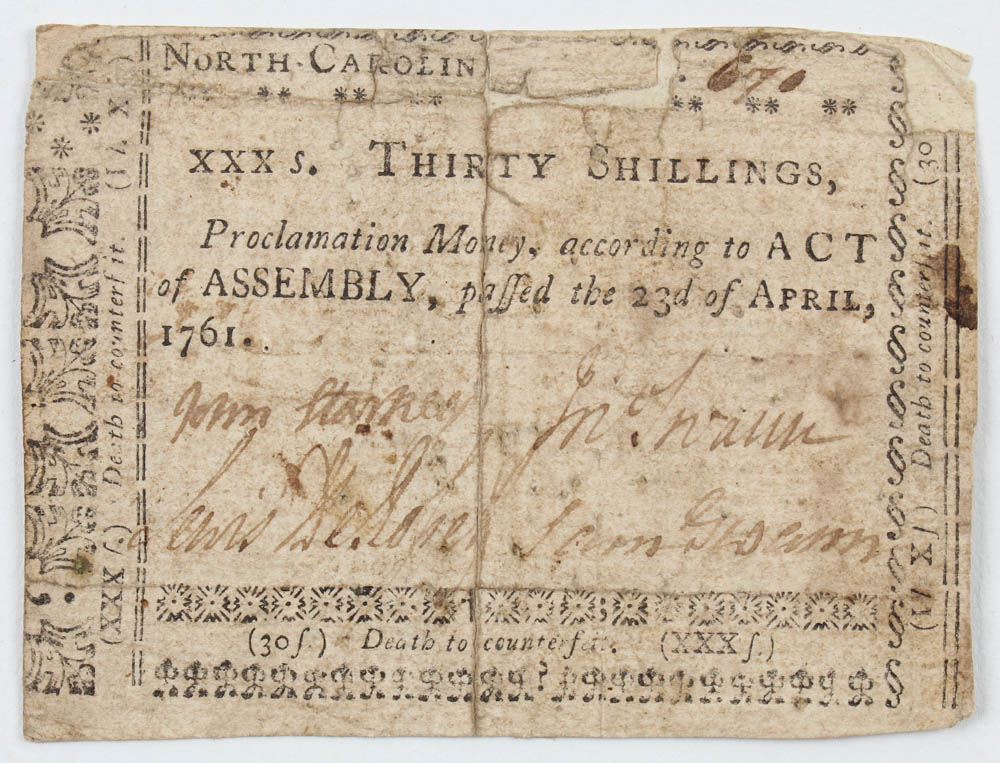 1761 30s. Thirty Shillings North Carolina Colonial Currency Note
