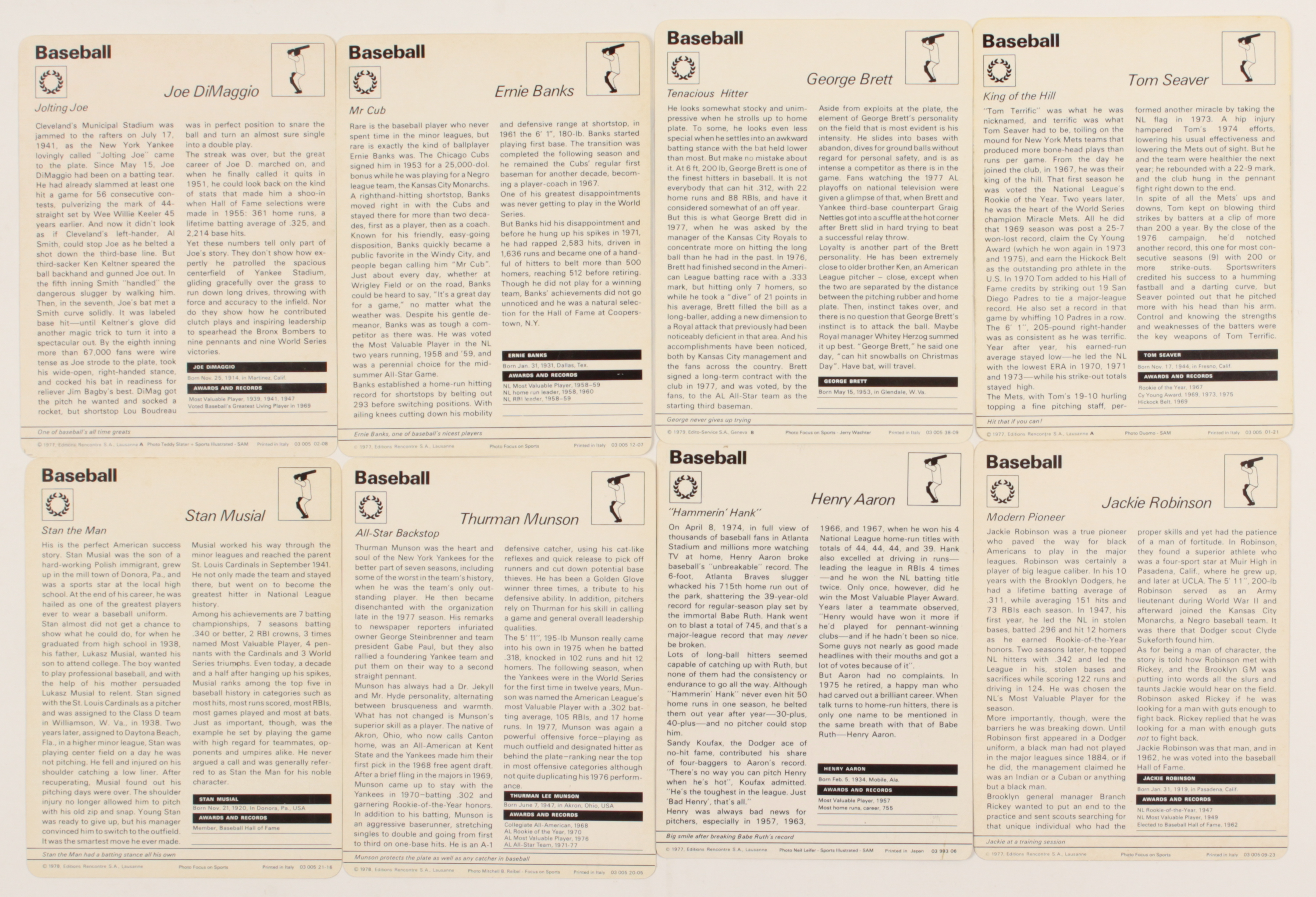 Lot of (20) 1977 Sportscaster Baseball Hall of Fame Baseball Cards with Joe DiMaggio, Stan Musial, George Brett, Ernie Banks, Tom Seaver at PristineAuction.com Lot of (20) 1977 Sportscaster Baseball Hall of Fame Baseball Cards with Joe DiMaggio, Stan Musial, George Brett, Ernie Banks, Tom Seaver at PristineAuction.com