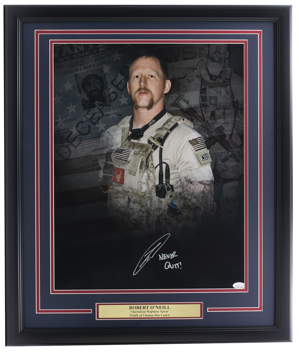 Robert J. O'Neill Signed 22x27 Custom Framed Photo Inscribed "Never Quit!" (JSA COA) at PristineAuction.com Robert J. O'Neill Signed 22x27 Custom Framed Photo Inscribed "Never Quit!" (JSA COA) at PristineAuction.com