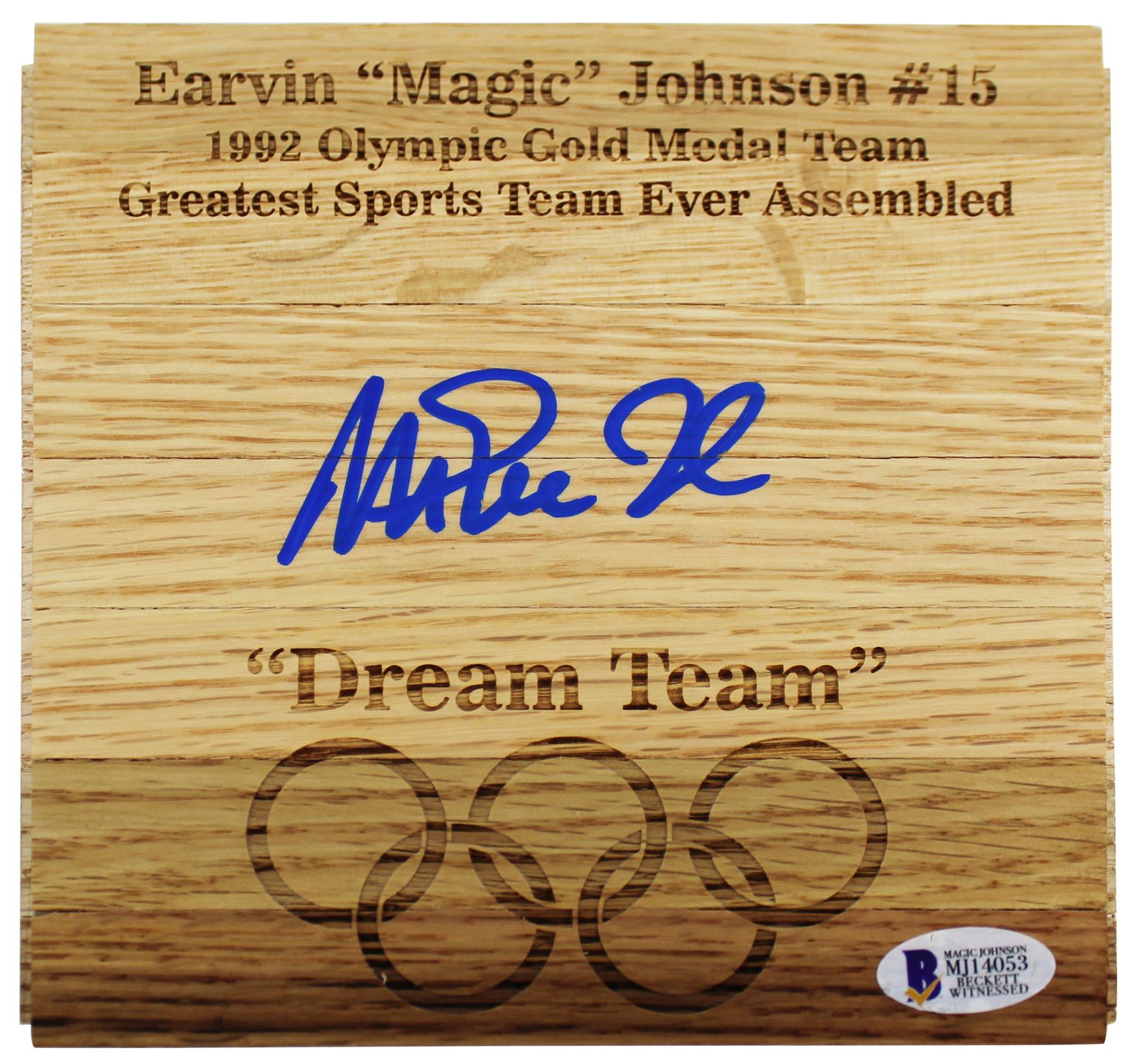 Magic Johnson Signed Olympic "Dream Team" 6x6 Custom Engraved Wood Floorboard Piece (Beckett COA) at PristineAuction.com Magic Johnson Signed Olympic "Dream Team" 6x6 Custom Engraved Wood Floorboard Piece (Beckett COA) at PristineAuction.com