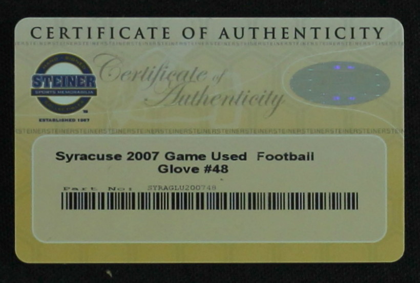 Lot of (2) 2007 Syracuse Game Used Football Gloves #48 (Steiner COA) at PristineAuction.com Lot of (2) 2007 Syracuse Game Used Football Gloves #48 (Steiner COA) at PristineAuction.com