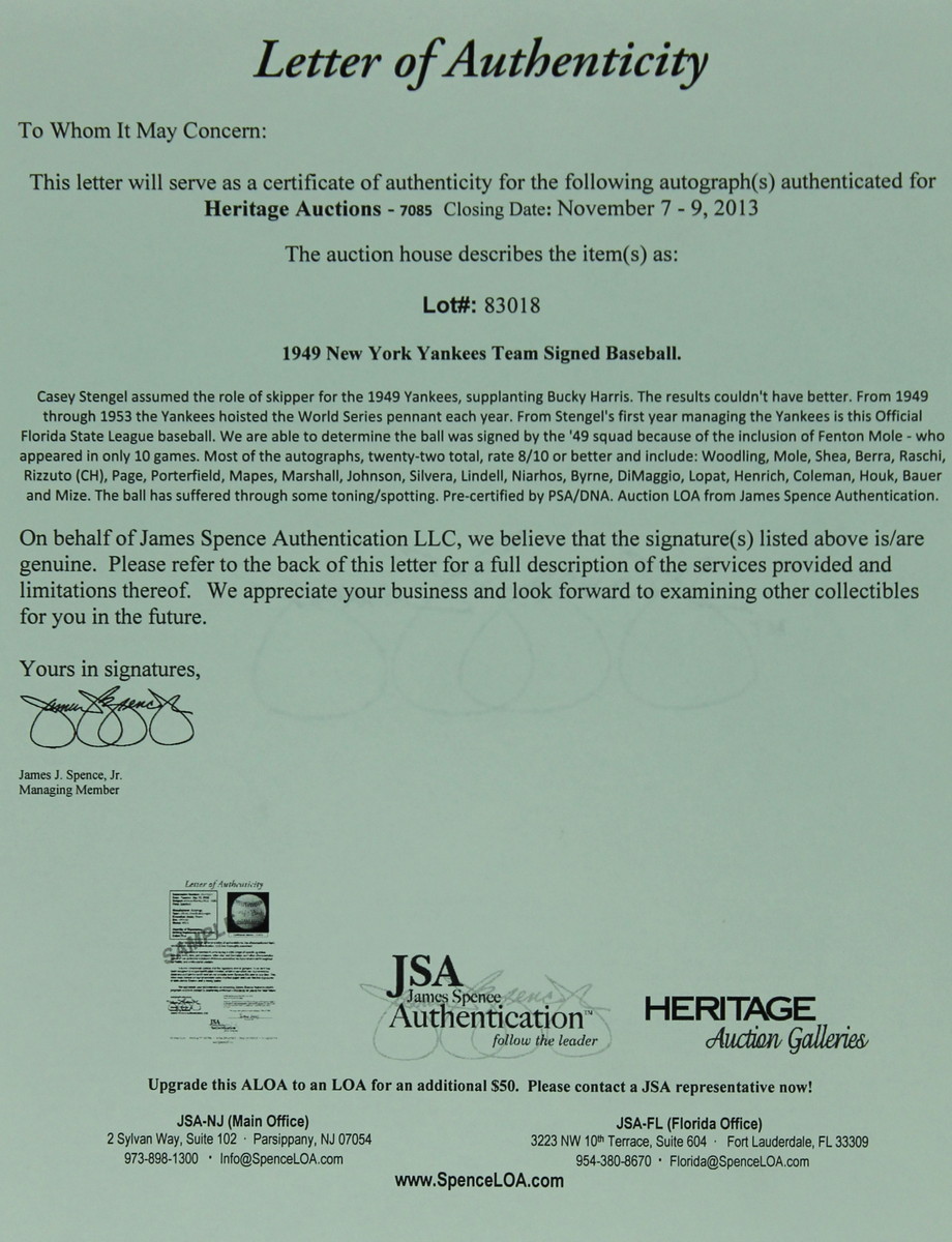1949 Yankees Team Baseball Signed by (22) with Joe DiMaggio, Yogi Berra, Casey Stengel (JSA) at PristineAuction.com 1949 Yankees Team Baseball Signed by (22) with Joe DiMaggio, Yogi Berra, Casey Stengel (JSA) at PristineAuction.com