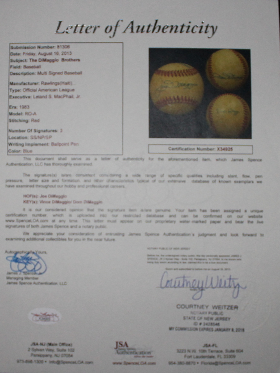 Joe DiMaggio, Dom DiMaggio & Vince DiMaggio Signed OAL Baseball (JSA LOA) at PristineAuction.com Joe DiMaggio, Dom DiMaggio & Vince DiMaggio Signed OAL Baseball (JSA LOA) at PristineAuction.com
