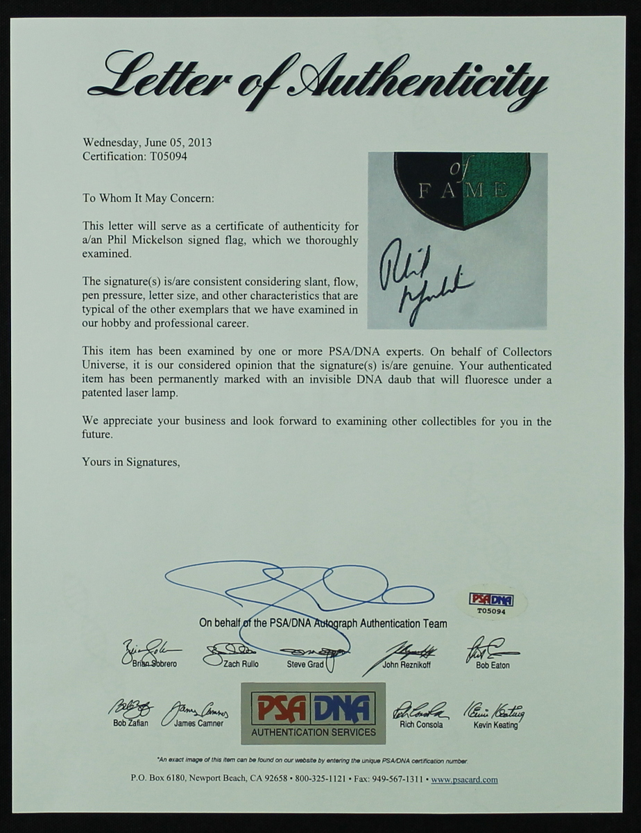 Phil Mickelson Signed "World Golf Hall of Fame" Pin Flag (PSA LOA) at PristineAuction.com Phil Mickelson Signed "World Golf Hall of Fame" Pin Flag (PSA LOA) at PristineAuction.com