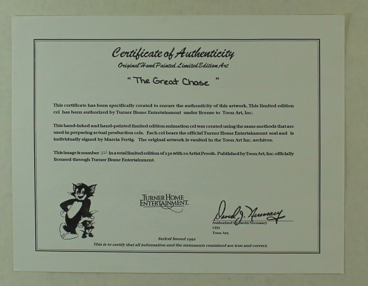 Marcia Fertig Signed 'Tom & Jerry' Original 12x16 Hand-Painted Animation Cel: "The Great Chase" #221/250 (Turner Home Entertainment COA) at PristineAuction.com Marcia Fertig Signed 'Tom & Jerry' Original 12x16 Hand-Painted Animation Cel: "The Great Chase" #221/250 (Turner Home Entertainment COA) at PristineAuction.com