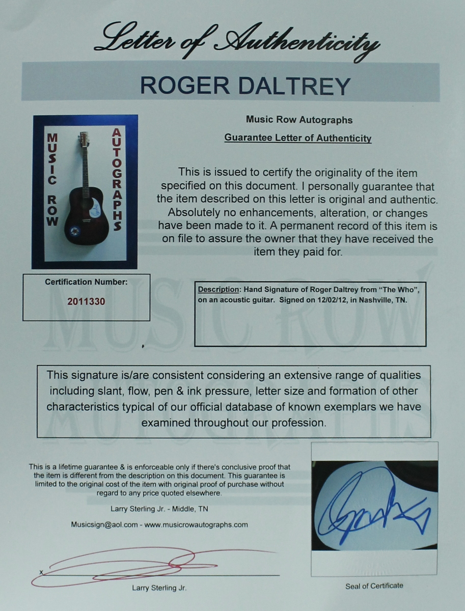 Roger Daltrey Signed "The Who" Full-Size Acoustic Guitar (Music Row LOA) at PristineAuction.com Roger Daltrey Signed "The Who" Full-Size Acoustic Guitar (Music Row LOA) at PristineAuction.com