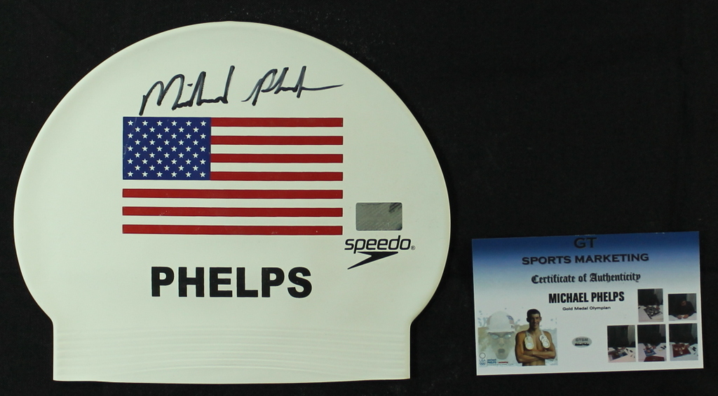 Michael Phelps Signed Speedo Swim Cap (GTSM COA) at PristineAuction.com Michael Phelps Signed Speedo Swim Cap (GTSM COA) at PristineAuction.com