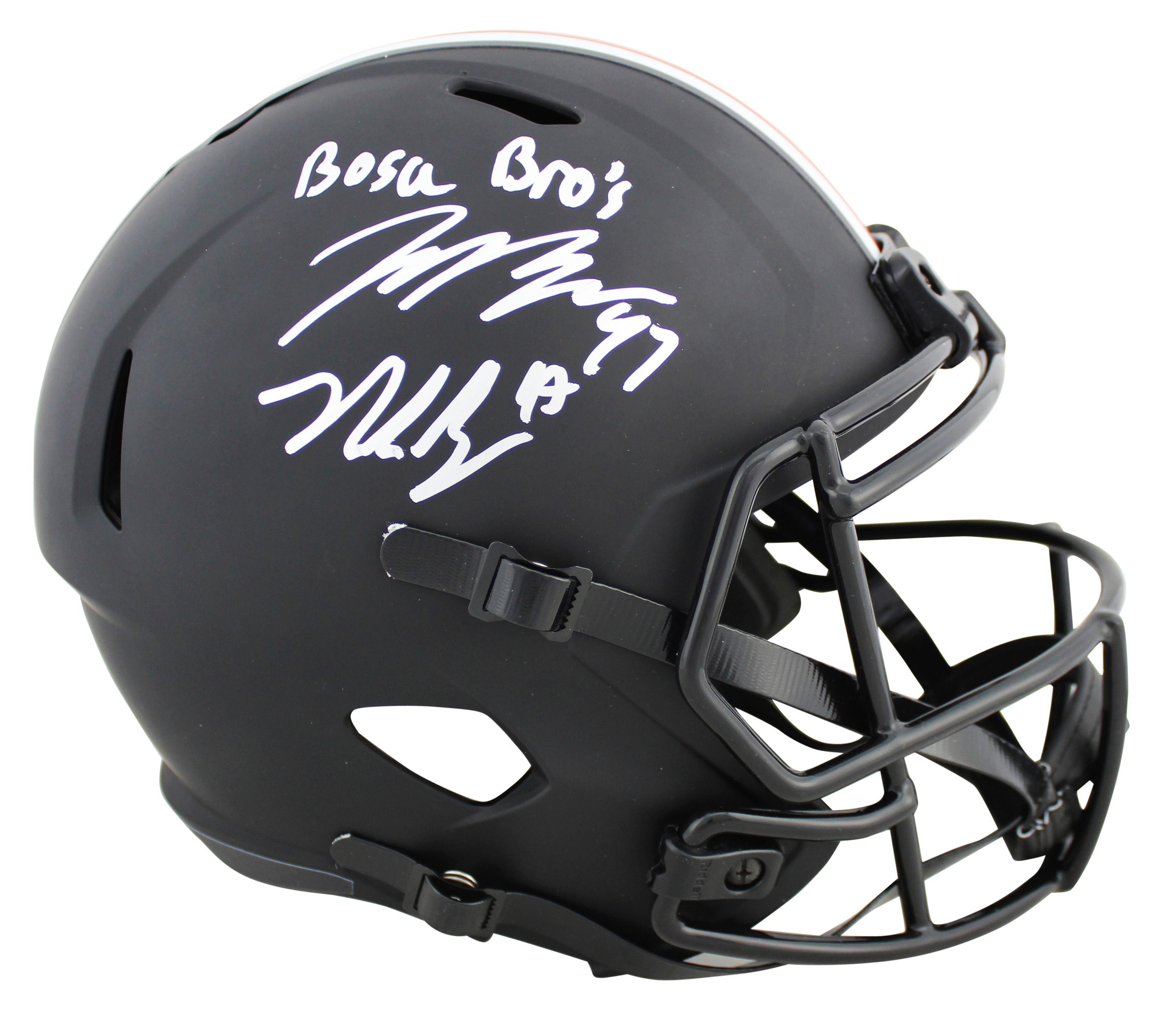 Joey Bosa & Nick Bosa Signed Ohio State Buckeyes Full-Size Matte Black Speed Helmet Inscribed "Bosa Bros" (Beckett COA) at PristineAuction.com Joey Bosa & Nick Bosa Signed Ohio State Buckeyes Full-Size Matte Black Speed Helmet Inscribed "Bosa Bros" (Beckett COA) at PristineAuction.com
