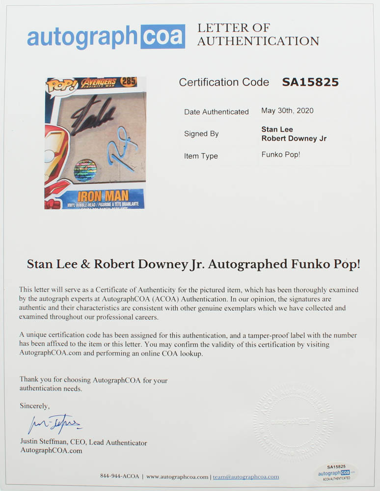 Robert Downey Jr. & Stan Lee Signed Marvel "Avengers: Infinity War" Iron Man #285 Funko Pop! Vinyl Figure (Lee Hologram & AutographCOA LOA) at PristineAuction.com Robert Downey Jr. & Stan Lee Signed Marvel "Avengers: Infinity War" Iron Man #285 Funko Pop! Vinyl Figure (Lee Hologram & AutographCOA LOA) at PristineAuction.com