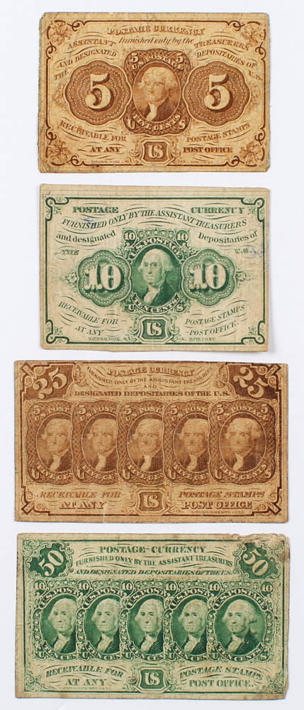 1862-1863 First Issue Denomination Set of (4) U.S. Fractional Currency Bank Notes with 50¢, 25¢, 10¢, & 5¢ at PristineAuction.com 1862-1863 First Issue Denomination Set of (4) U.S. Fractional Currency Bank Notes with 50¢, 25¢, 10¢, & 5¢ at PristineAuction.com
