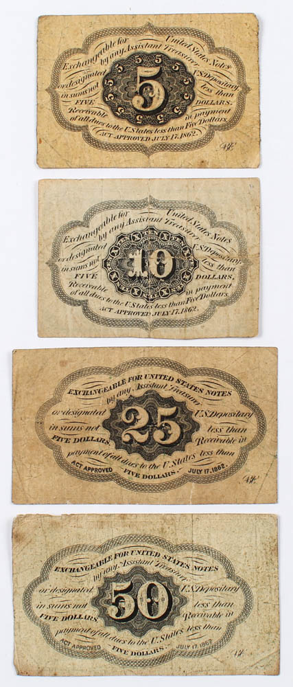1862-1863 First Issue Denomination Set of (4) U.S. Fractional Currency Bank Notes with 50¢, 25¢, 10¢, & 5¢ at PristineAuction.com 1862-1863 First Issue Denomination Set of (4) U.S. Fractional Currency Bank Notes with 50¢, 25¢, 10¢, & 5¢ at PristineAuction.com