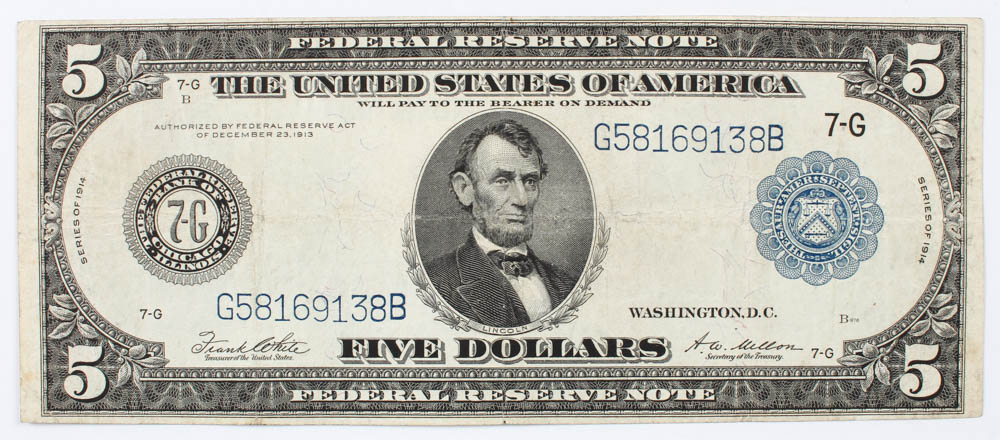 1914 $5 Five-Dollar Blue Seal U.S. Large-Size Federal Reserve Note at PristineAuction.com 1914 $5 Five-Dollar Blue Seal U.S. Large-Size Federal Reserve Note at PristineAuction.com
