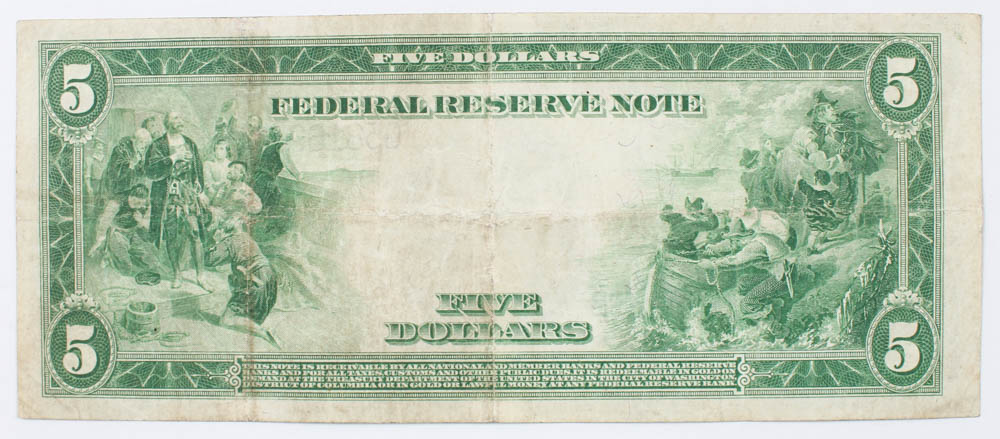1914 $5 Five-Dollar Blue Seal U.S. Large-Size Federal Reserve Note at PristineAuction.com 1914 $5 Five-Dollar Blue Seal U.S. Large-Size Federal Reserve Note at PristineAuction.com