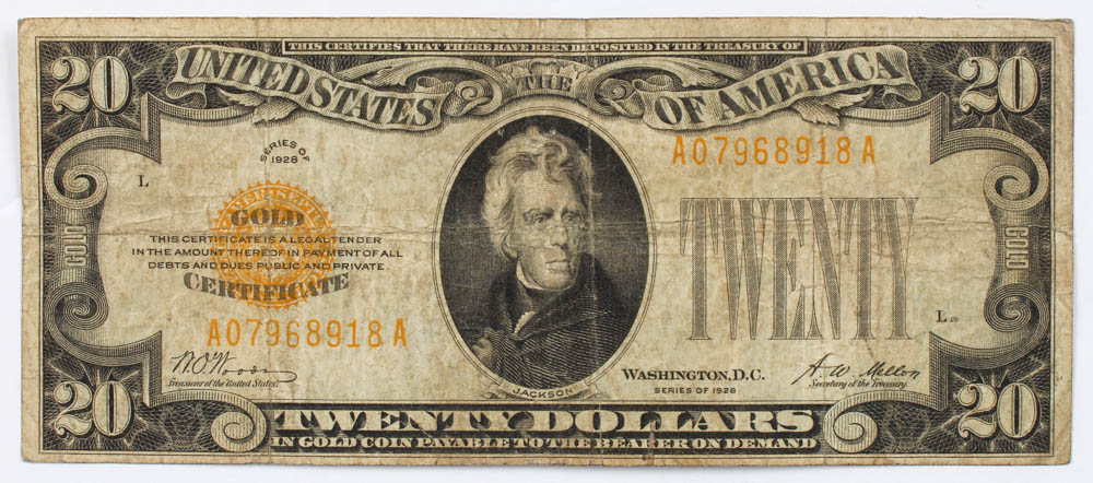 1928 $20 Twenty-Dollar U.S. Gold Certificate Bank Note at PristineAuction.com 1928 $20 Twenty-Dollar U.S. Gold Certificate Bank Note at PristineAuction.com