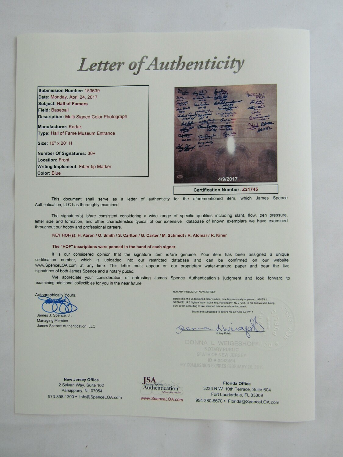 Baseball Hall of Fame 16x20 Photo Signed by (32) with Hank Aaron, Ozzie Smith, Gary Carter, Carlton Fisk, Mike Schmidt, Roberto Alomar, Ralph Kiner with (32) Inscriptions (JSA LOA) at PristineAuction.com Baseball Hall of Fame 16x20 Photo Signed by (32) with Hank Aaron, Ozzie Smith, Gary Carter, Carlton Fisk, Mike Schmidt, Roberto Alomar, Ralph Kiner with (32) Inscriptions (JSA LOA) at PristineAuction.com