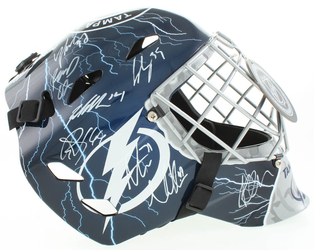 2019-20 Lightning Full-Size Goalie Mask Team-Signed by (17) with Andrei Vasilevskiy, Victor Hedman, Brayden Point (JSA ALOA) at PristineAuction.com 2019-20 Lightning Full-Size Goalie Mask Team-Signed by (17) with Andrei Vasilevskiy, Victor Hedman, Brayden Point (JSA ALOA) at PristineAuction.com