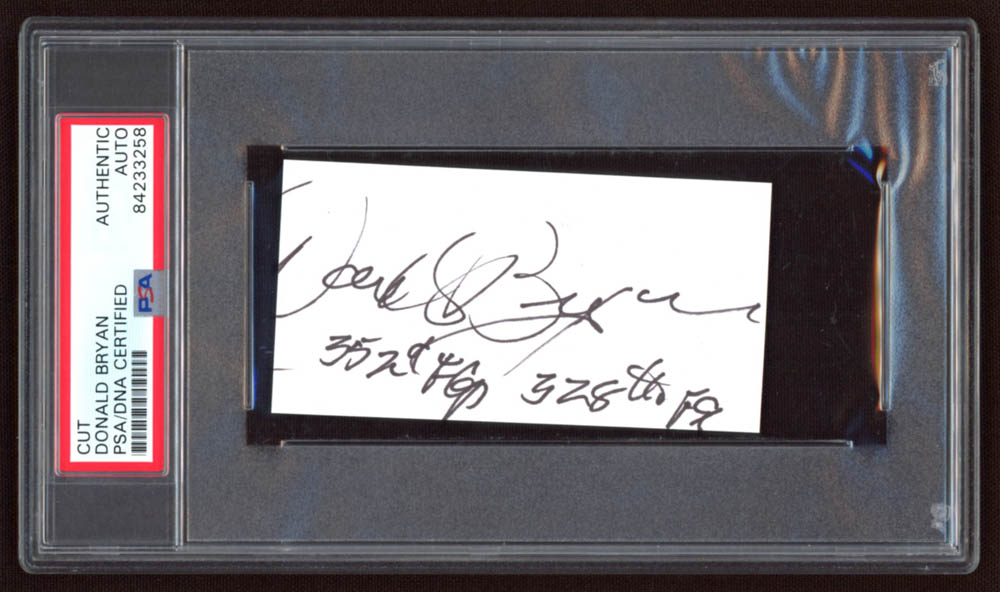 Donlad "Bush" Bryan Signed 2x3.5 Index Card Inscribed "352d FG" & "328d FG" (PSA Encapsulated) at PristineAuction.com Donlad "Bush" Bryan Signed 2x3.5 Index Card Inscribed "352d FG" & "328d FG" (PSA Encapsulated) at PristineAuction.com
