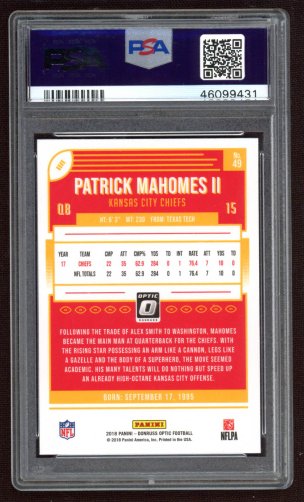 Patrick Mahomes II 2018 Donruss Optic #49 (PSA 9) at PristineAuction.com Patrick Mahomes II 2018 Donruss Optic #49 (PSA 9) at PristineAuction.com