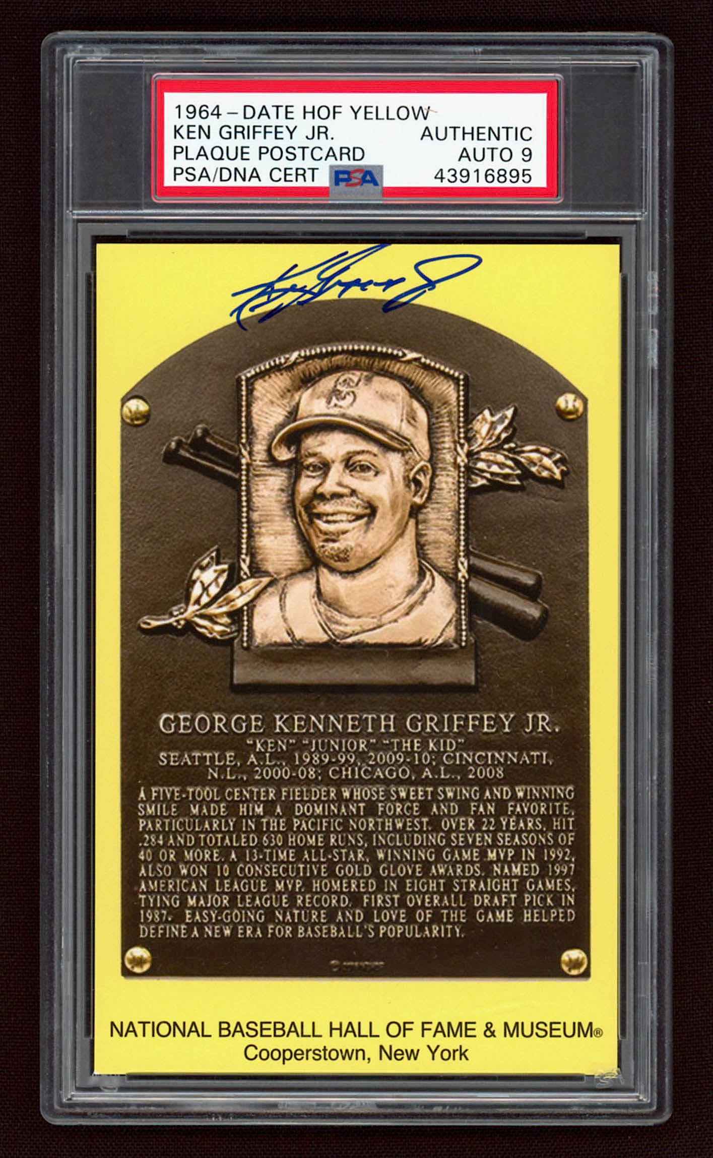 Ken Griffey Jr. Signed Yellow Hall of Fame Plaque Postcard (PSA Encapsulated) at PristineAuction.com Ken Griffey Jr. Signed Yellow Hall of Fame Plaque Postcard (PSA Encapsulated) at PristineAuction.com
