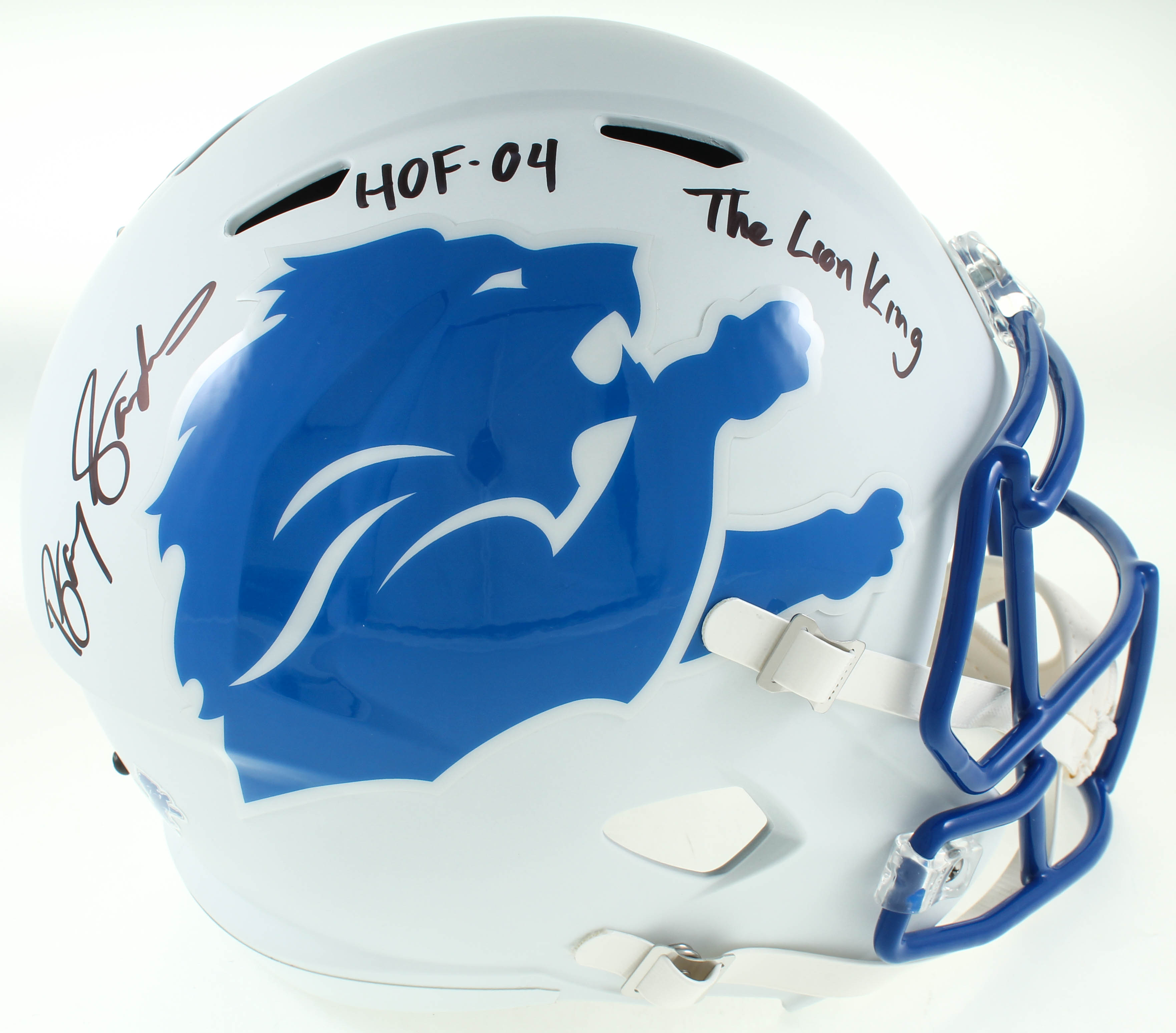 Barry Sanders Signed Lions Full-Size AMP Alternate Speed Helmet Inscribed "HOF 04" & "The Lion King" (Schwartz Sports Hologram) at PristineAuction.com Barry Sanders Signed Lions Full-Size AMP Alternate Speed Helmet Inscribed "HOF 04" & "The Lion King" (Schwartz Sports Hologram) at PristineAuction.com