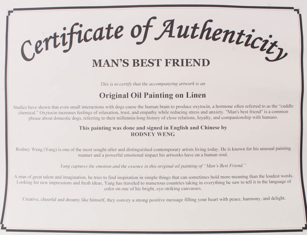 Rodney Weng - "Man's Best Friend" 29x29 Original Oil Panting on Linen (PA LOA) at PristineAuction.com Rodney Weng - "Man's Best Friend" 29x29 Original Oil Panting on Linen (PA LOA) at PristineAuction.com