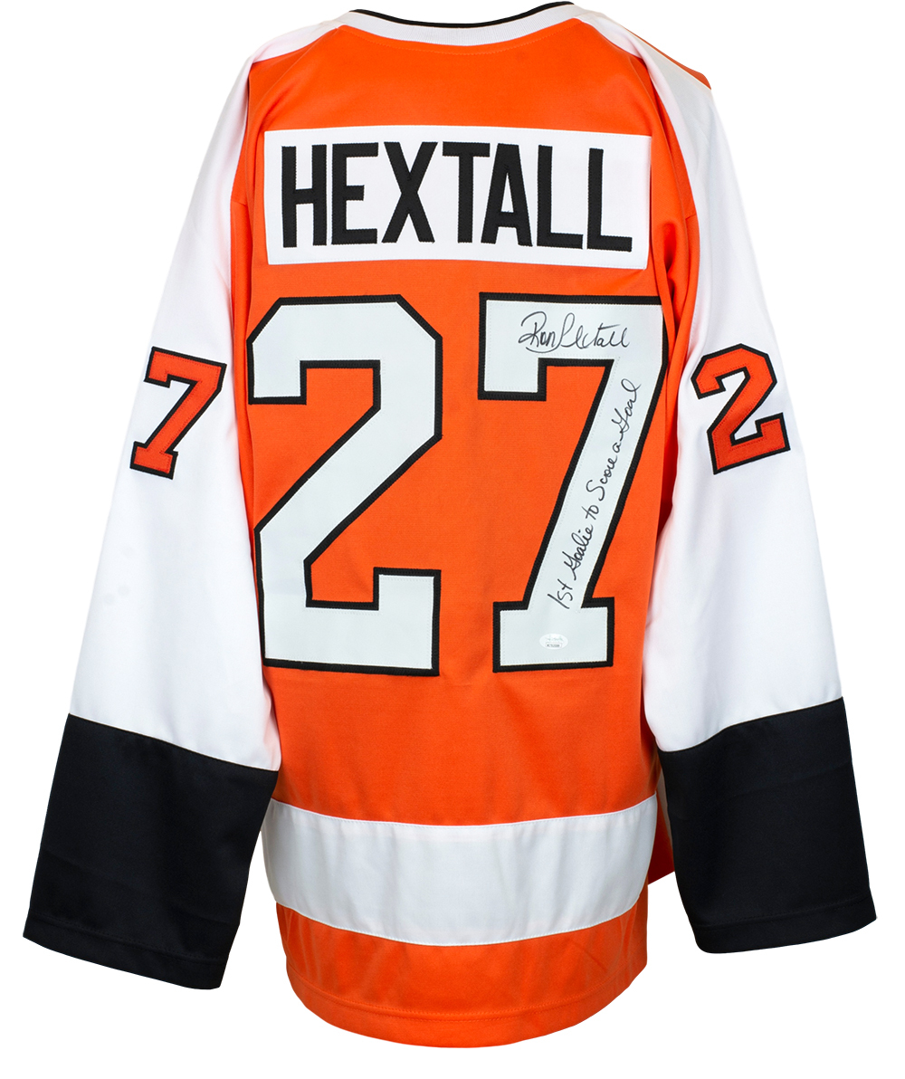Ron Hextall Signed Jersey Inscribed "1st Goalie To Score A Goal" (JSA COA) at PristineAuction.com Ron Hextall Signed Jersey Inscribed "1st Goalie To Score A Goal" (JSA COA) at PristineAuction.com