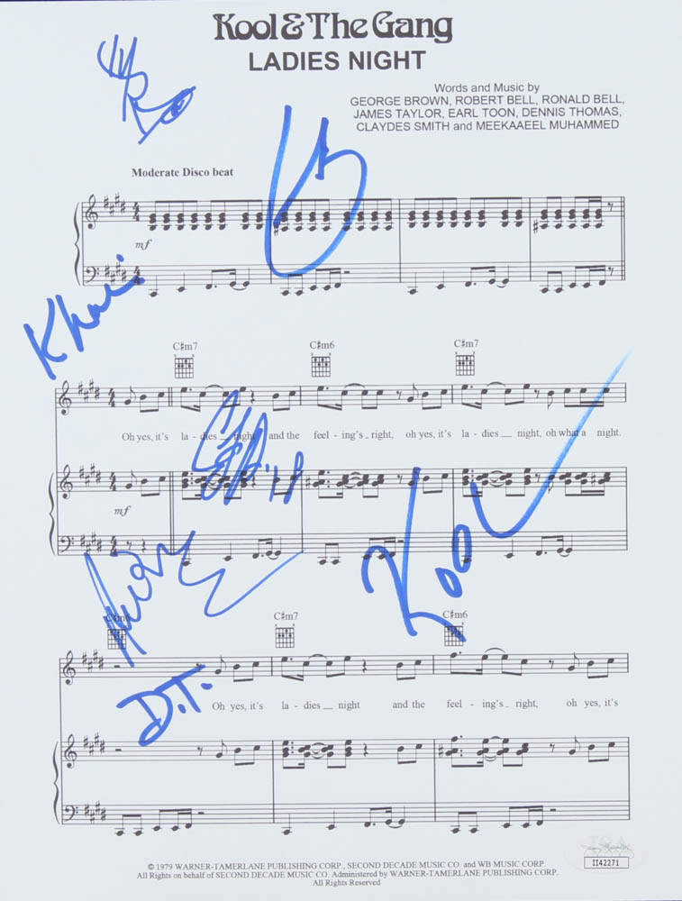 Kool & the Gang "Ladies Night" 8.25x11 Sheet Music Signed by (7) Robert "Kool" Bell, Ronald "Khalis" Bell, Dennis "D.T." Thomas, George Brown, Curtis Williams (JSA) at PristineAuction.com Kool & the Gang "Ladies Night" 8.25x11 Sheet Music Signed by (7) Robert "Kool" Bell, Ronald "Khalis" Bell, Dennis "D.T." Thomas, George Brown, Curtis Williams (JSA) at PristineAuction.com