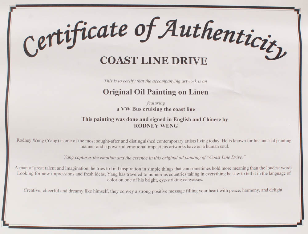 Rodney Weng Signed “Coast Line Drive” 25.25x37.25 Original Oil Panting on Linen (PA LOA) at PristineAuction.com Rodney Weng Signed “Coast Line Drive” 25.25x37.25 Original Oil Panting on Linen (PA LOA) at PristineAuction.com