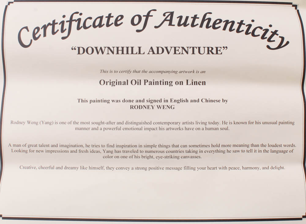 Rodney Weng Signed “Downhill Adventure” 25x35.25 Original Oil Panting on Linen (PA LOA) at PristineAuction.com Rodney Weng Signed “Downhill Adventure” 25x35.25 Original Oil Panting on Linen (PA LOA) at PristineAuction.com