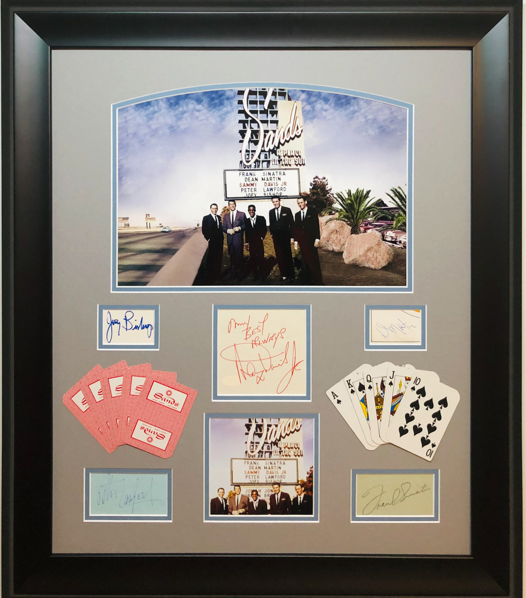 "The Rat Pack" 24x28 Custom Framed Cut Display Signed by (5) with Joey Bishop, Frank Sinatra, Sammy Davis Jr., Peter Lawford & Dean Martin (JSA LOA & PSA COA) at PristineAuction.com "The Rat Pack" 24x28 Custom Framed Cut Display Signed by (5) with Joey Bishop, Frank Sinatra, Sammy Davis Jr., Peter Lawford & Dean Martin (JSA LOA & PSA COA) at PristineAuction.com