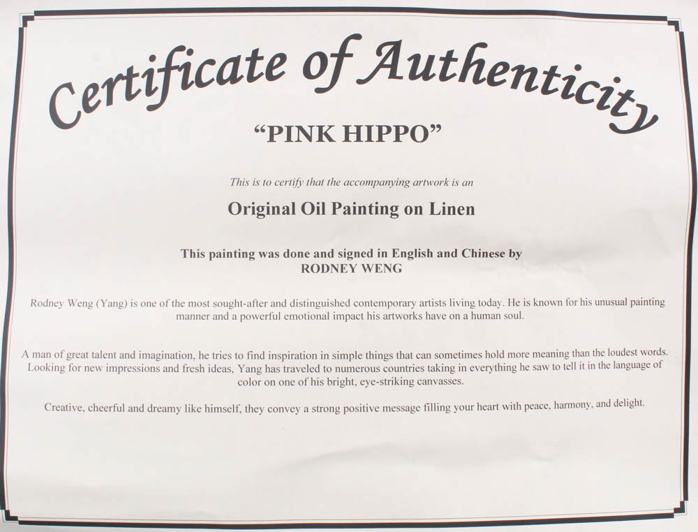Rodney Weng Signed “Pink Hippo” 25.5x45 Original Oil Panting on Linen (PA LOA) at PristineAuction.com Rodney Weng Signed “Pink Hippo” 25.5x45 Original Oil Panting on Linen (PA LOA) at PristineAuction.com