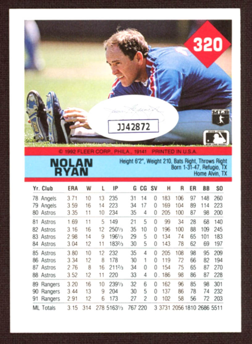 Nolan Ryan Signed 1992 Fleer #320 (JSA COA) at PristineAuction.com Nolan Ryan Signed 1992 Fleer #320 (JSA COA) at PristineAuction.com