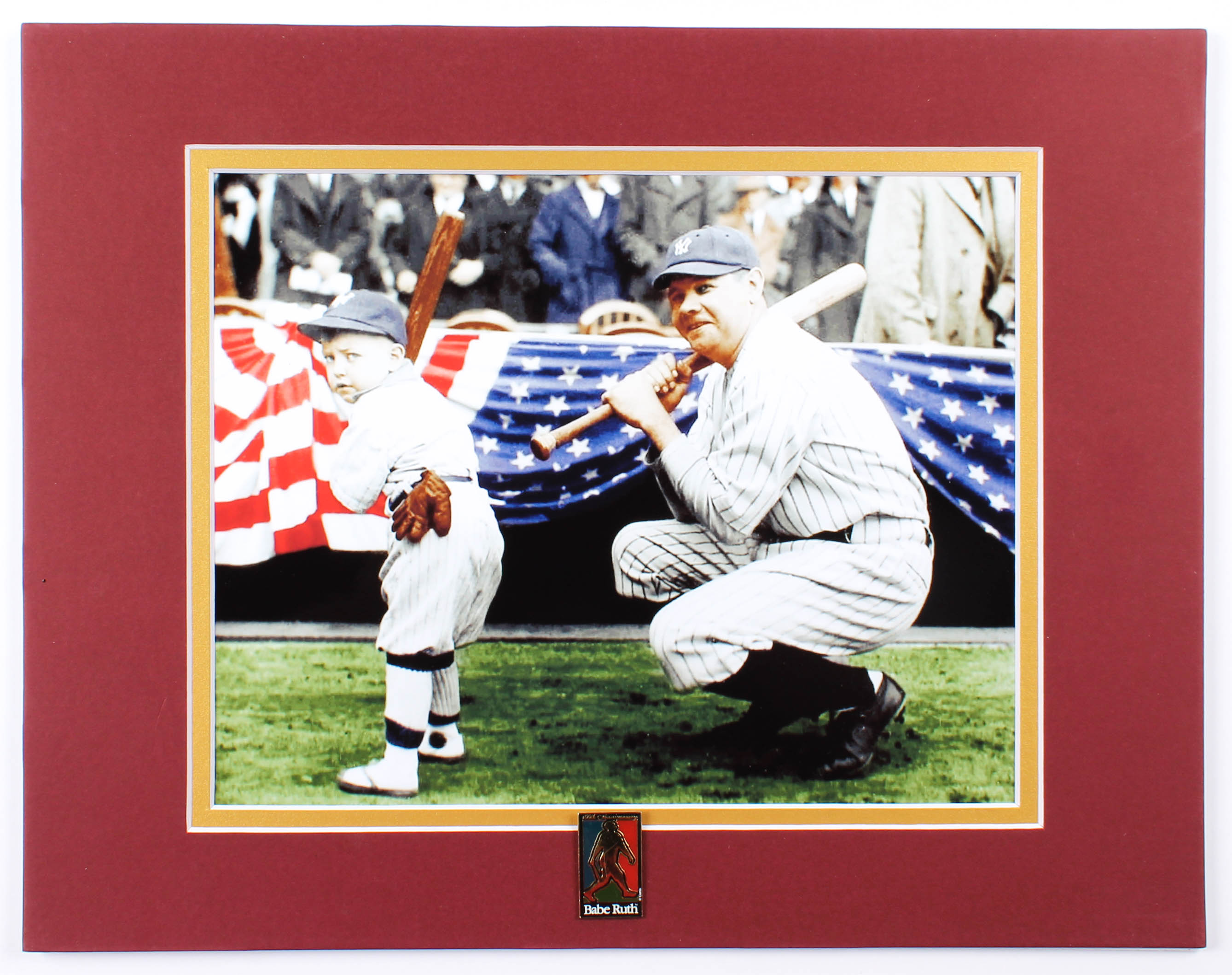 Babe Ruth Yankees 11x14 Custom Matted Display with 100th Anniversary Babe Ruth Pin at PristineAuction.com Babe Ruth Yankees 11x14 Custom Matted Display with 100th Anniversary Babe Ruth Pin at PristineAuction.com