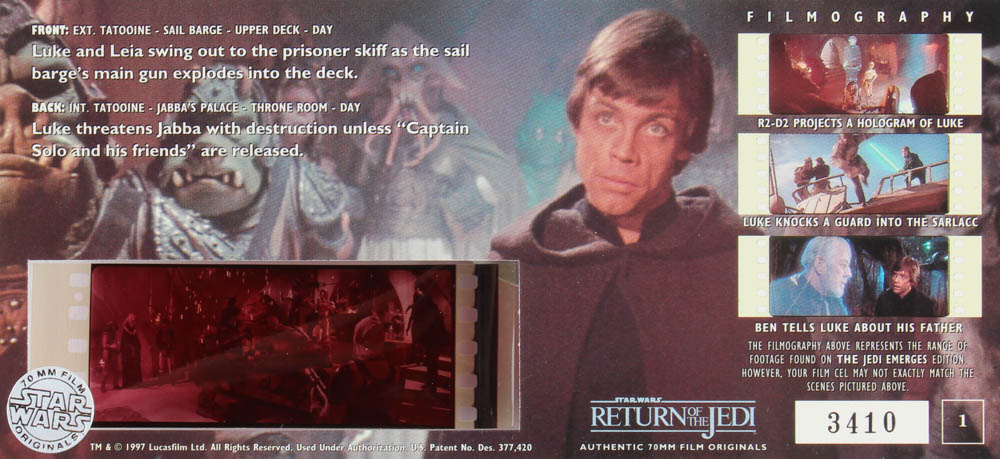 "Star Wars: Return of the Jedi" LE The Jedi Emerges Special Edition Original Authentic 70MM Film Cel at PristineAuction.com "Star Wars: Return of the Jedi" LE The Jedi Emerges Special Edition Original Authentic 70MM Film Cel at PristineAuction.com
