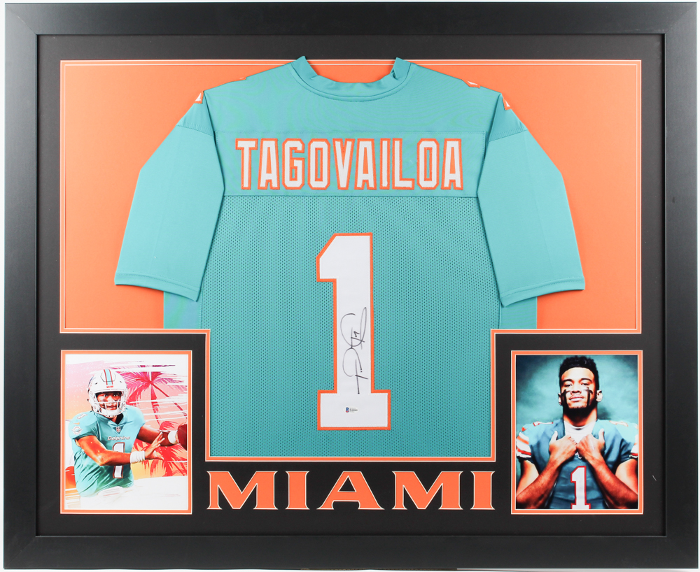 Tua Tagovailoa Signed 35x43 Custom Framed Jersey (Beckett Hologram) at PristineAuction.com Tua Tagovailoa Signed 35x43 Custom Framed Jersey (Beckett Hologram) at PristineAuction.com