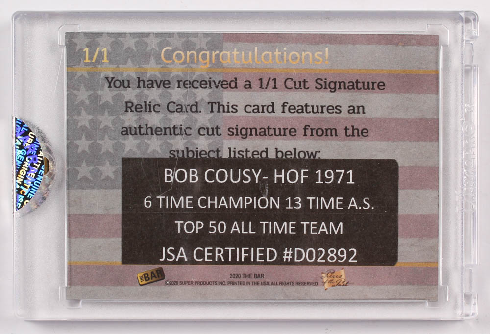 Bob Cousy Signed 2.5x3.5 Cut (JSA Encapsulated) at PristineAuction.com Bob Cousy Signed 2.5x3.5 Cut (JSA Encapsulated) at PristineAuction.com