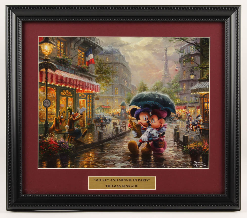 Thomas Kinkade Walt Disney's "Mickey & Minnie Mouse in Paris" 14x16 Custom Framed Print Display at PristineAuction.com Thomas Kinkade Walt Disney's "Mickey & Minnie Mouse in Paris" 14x16 Custom Framed Print Display at PristineAuction.com