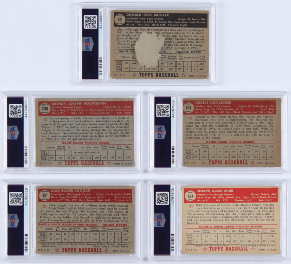 Lot of (5) PSA Graded 1952 Topps Baseball Cards with Don Mueller 52A