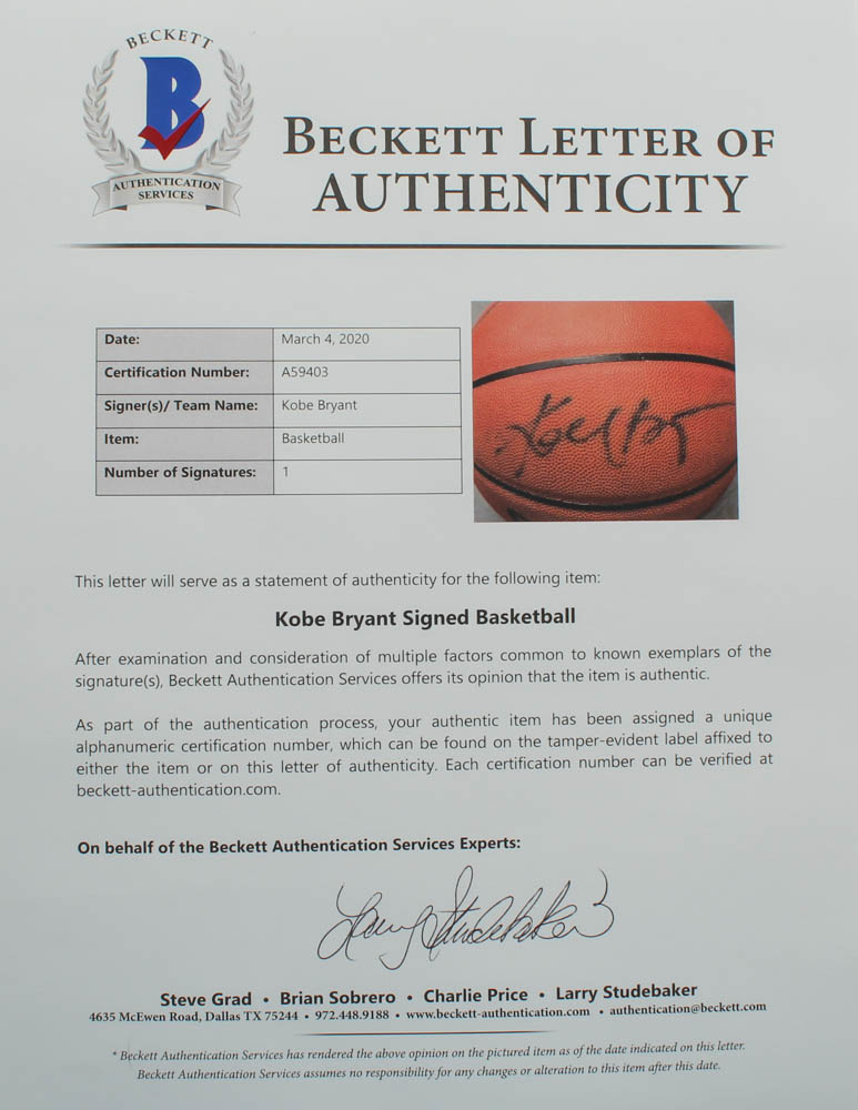 Lot of (2) Kobe Bryant Items With Signed NBA Basketball With Display Case & 1999 Game Worn Warm Ups Piece (Beckett LOA & PSA Hologram) at PristineAuction.com Lot of (2) Kobe Bryant Items With Signed NBA Basketball With Display Case & 1999 Game Worn Warm Ups Piece (Beckett LOA & PSA Hologram) at PristineAuction.com