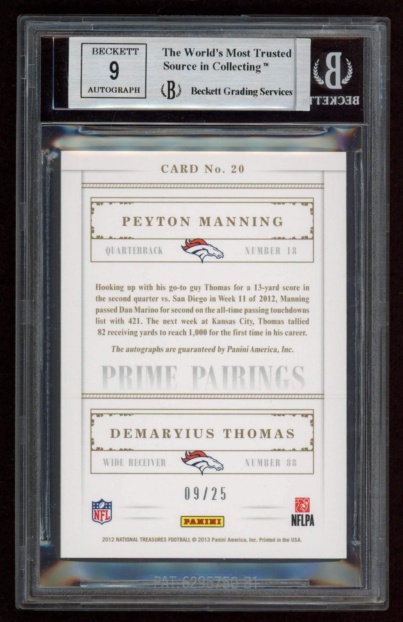 Peyton Manning / Demaryius Thomas 2012 Panini National Treasures Prime Pairings #20 (BGS 8.5) at PristineAuction.com Peyton Manning / Demaryius Thomas 2012 Panini National Treasures Prime Pairings #20 (BGS 8.5) at PristineAuction.com