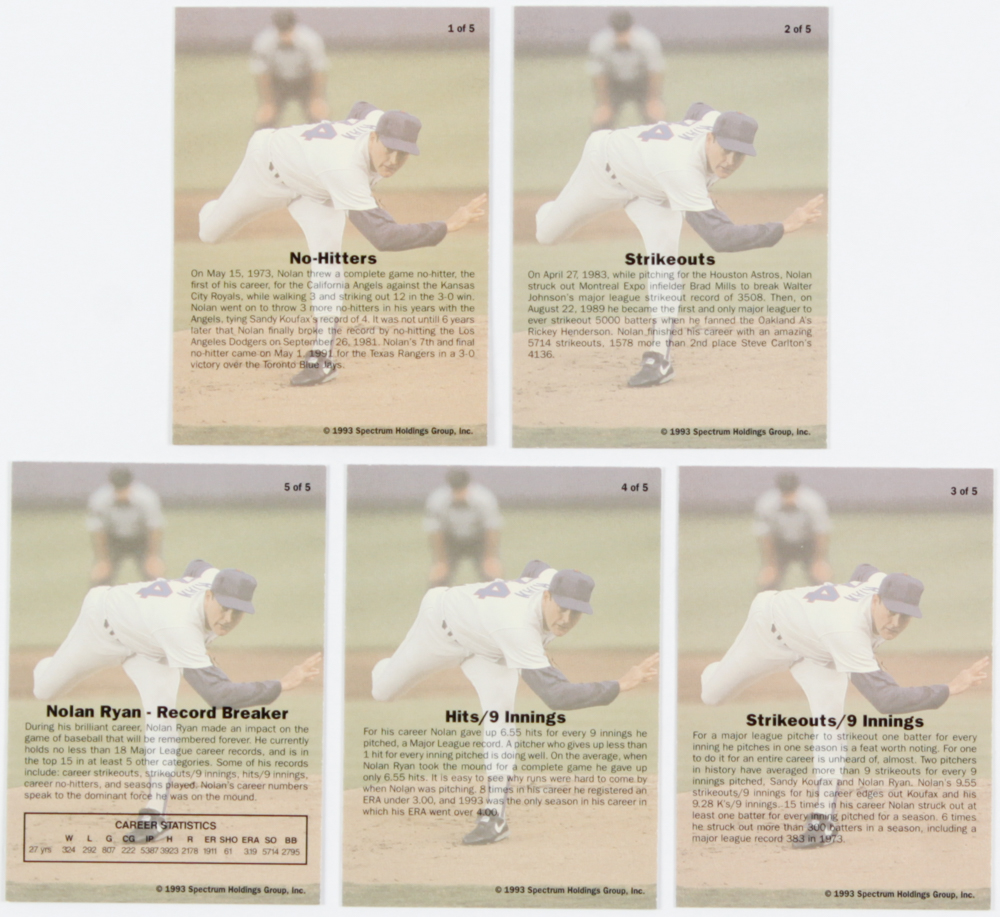 Complete Set of (5) Nolan Ryan 1993 Spectrum Ryan 5 Baseball Cards at PristineAuction.com Complete Set of (5) Nolan Ryan 1993 Spectrum Ryan 5 Baseball Cards at PristineAuction.com