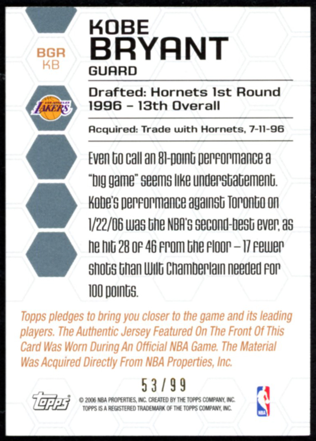 Kobe Bryant 2006-07 Topps Big Game Relics #KB at PristineAuction.com Kobe Bryant 2006-07 Topps Big Game Relics #KB at PristineAuction.com