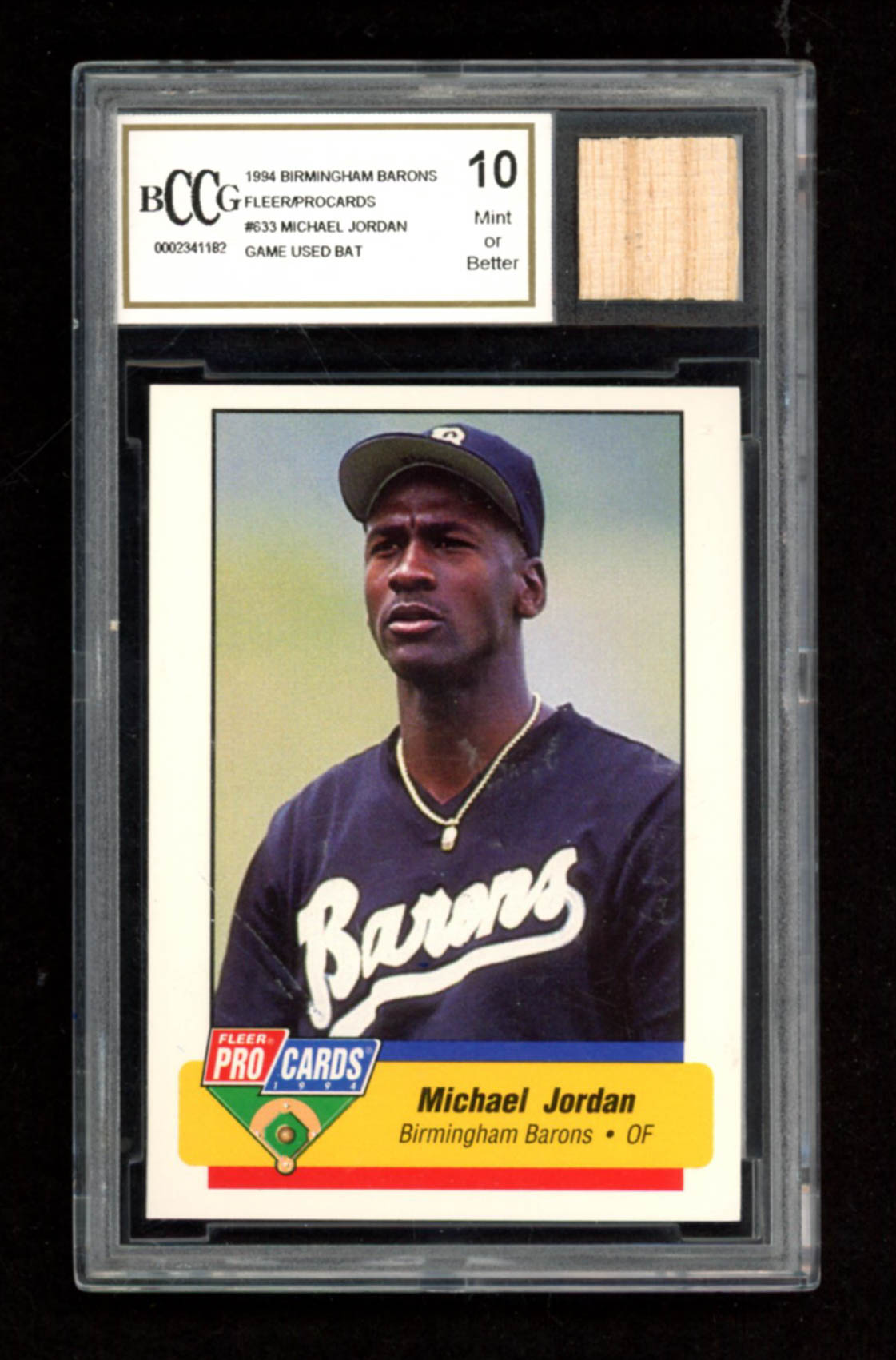 Michael Jordan 1994 Birmingham Barons Fleer/ProCards #633 with Game-Used Bat Piece (BCCG 10) at PristineAuction.com Michael Jordan 1994 Birmingham Barons Fleer/ProCards #633 with Game-Used Bat Piece (BCCG 10) at PristineAuction.com