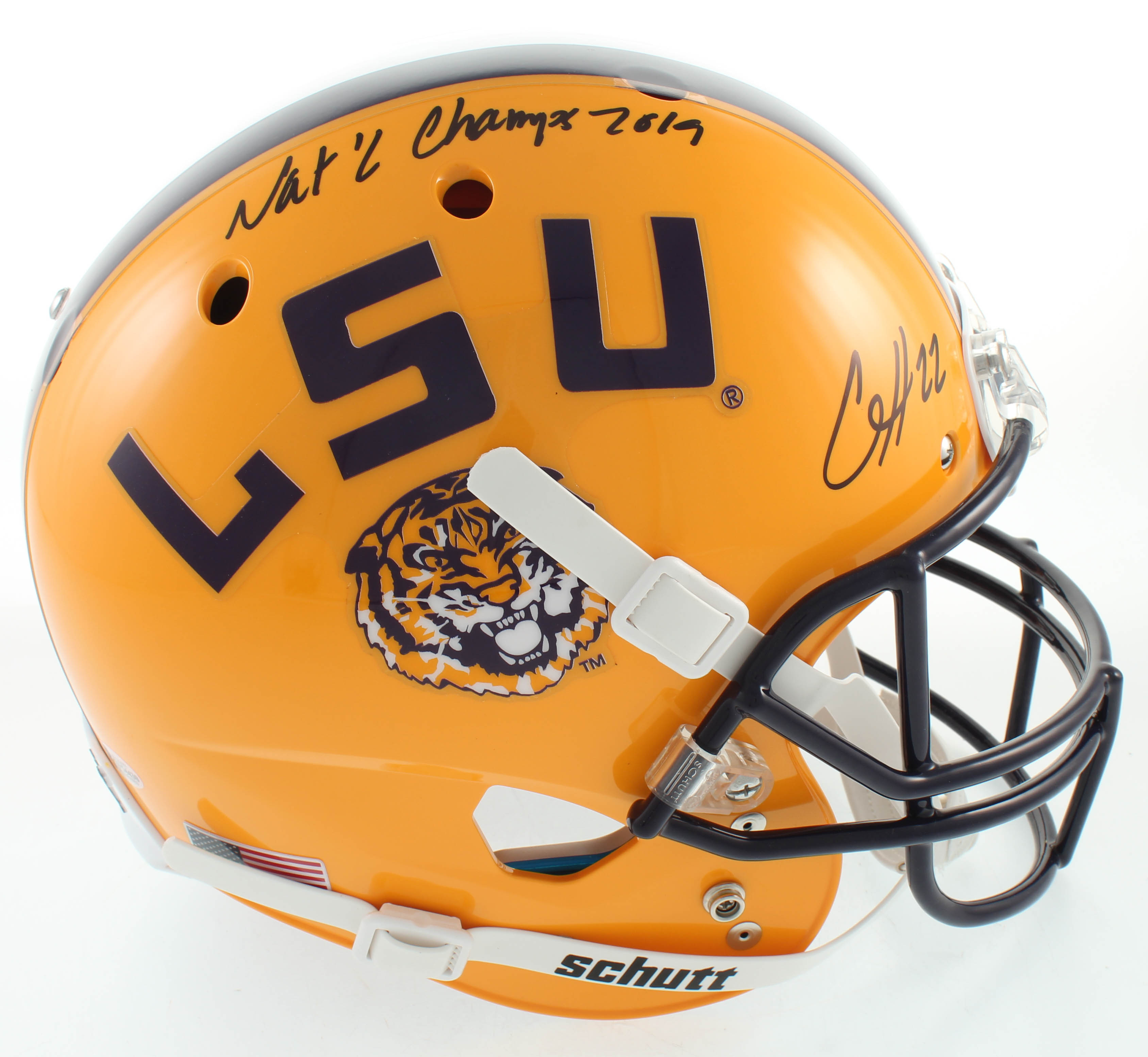 Clyde Edwards-Helaire Signed LSU Tigers Full-Size Helmet Inscribed "Nat'l Champs 2019" (Beckett COA) at PristineAuction.com Clyde Edwards-Helaire Signed LSU Tigers Full-Size Helmet Inscribed "Nat'l Champs 2019" (Beckett COA) at PristineAuction.com
