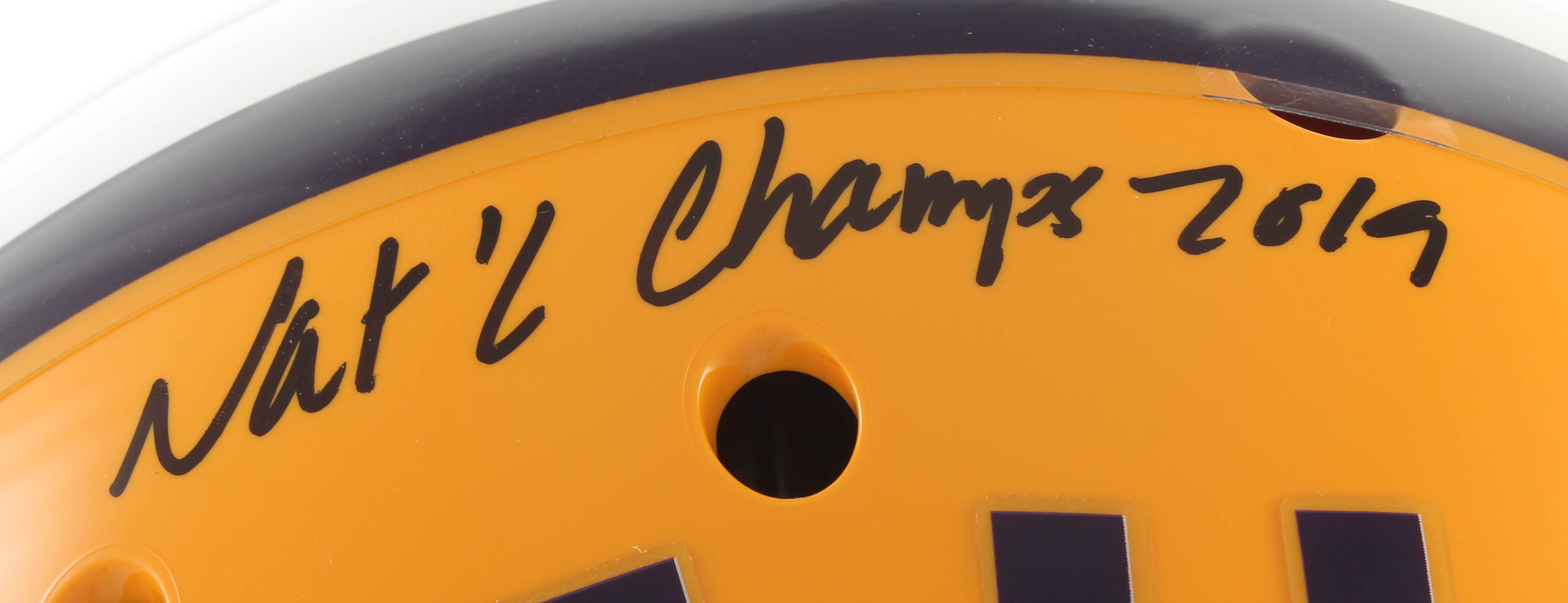 Clyde Edwards-Helaire Signed LSU Tigers Full-Size Helmet Inscribed "Nat'l Champs 2019" (Beckett COA) at PristineAuction.com Clyde Edwards-Helaire Signed LSU Tigers Full-Size Helmet Inscribed "Nat'l Champs 2019" (Beckett COA) at PristineAuction.com